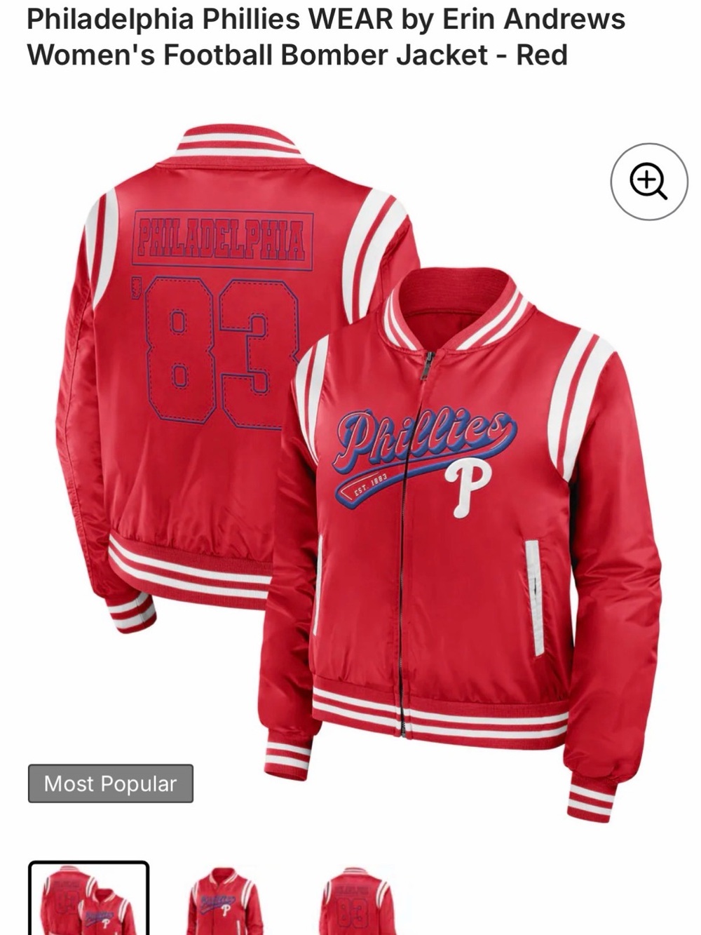 Fanatics Red Phillies Bomber Jacket with White Accents